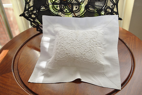 Heirloom Victorian Hand Embroidered Ring Pillows (6"Square).